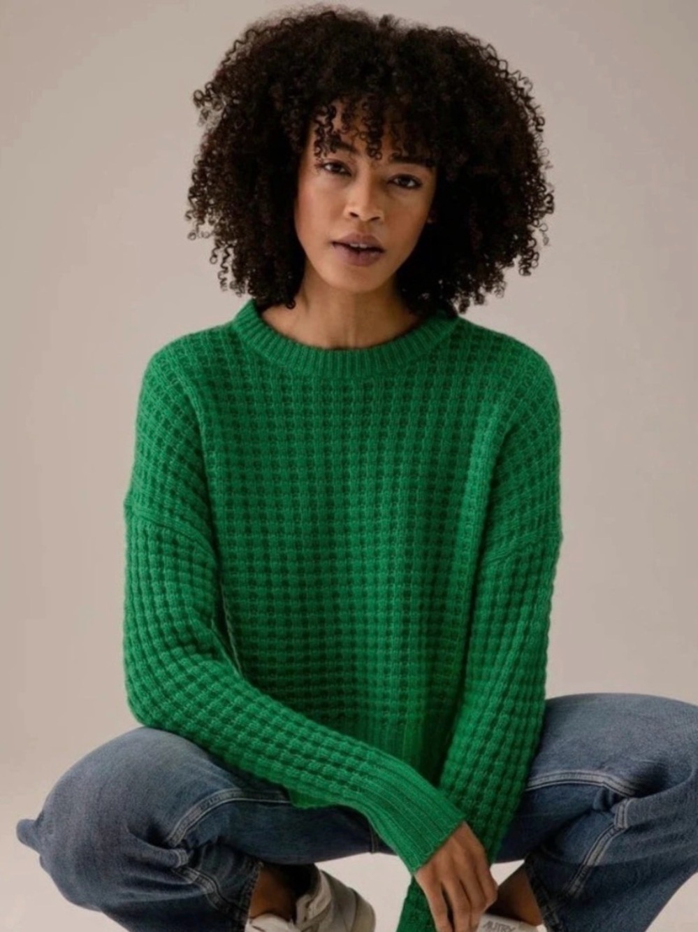 360 Cashmere Chrisley 100% Cashmere Waffle Knit Sweater in Emerald Green, Size S